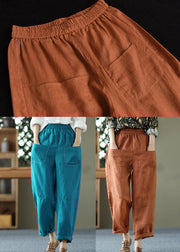 Fashion Peacock Blue Elastic Waist Patchwork Linen Harem Pants Summer