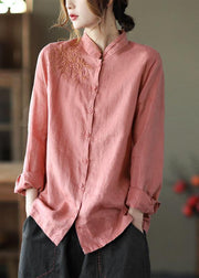 Fashion Pink Button Embroideried Fall Linen Tops Long Sleeve - SooLinen