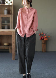 Fashion Pink Button Embroideried Fall Linen Tops Long Sleeve - SooLinen