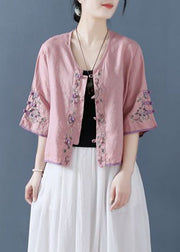 Fashion Pink Embroideried Button Shirts Half Sleeve