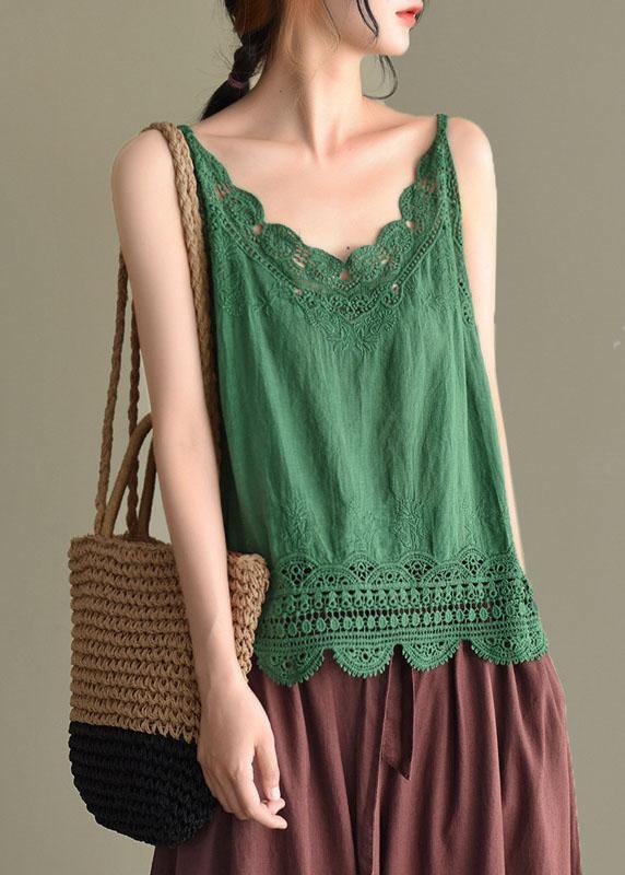 Fashion Pink Embroideried Lace Hollow Out Summer Cotton Vest Sleeveless - SooLinen