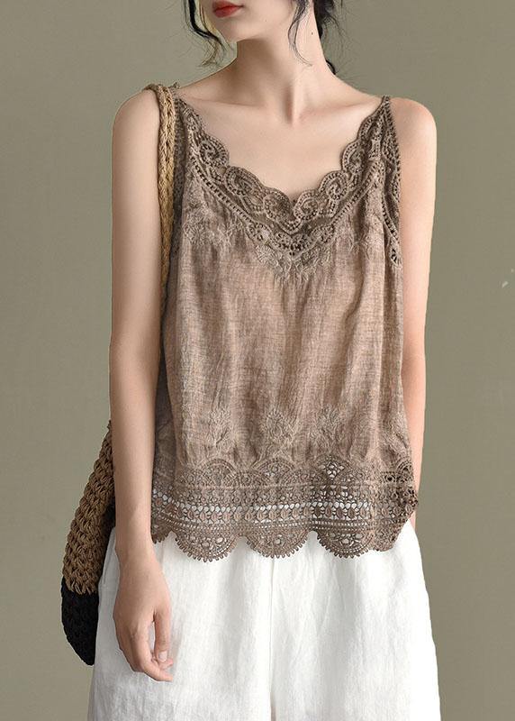 Fashion Pink Embroideried Lace Hollow Out Summer Cotton Vest Sleeveless - SooLinen