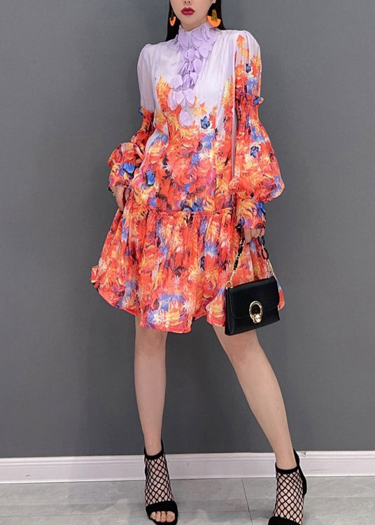 Fashion Print Stand Collar Patchwork Chiffon Dresses lantern sleeve