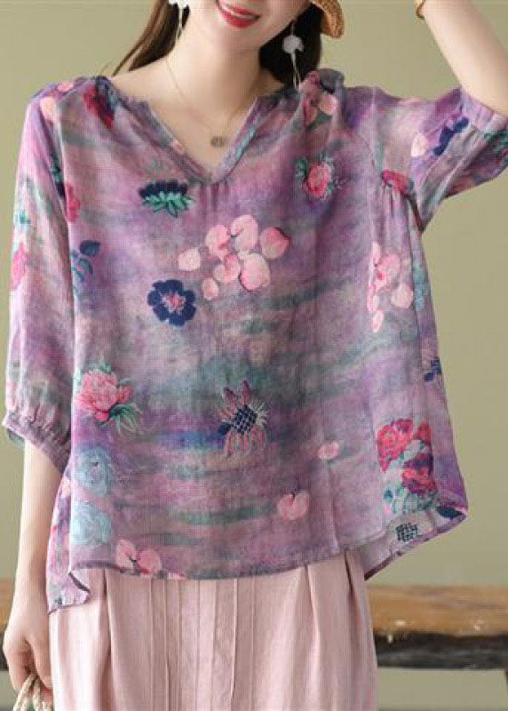 Fashion Purple Casual retro Print Fall Half Sleeve Shirt Top