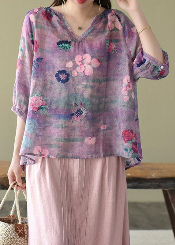 Fashion Purple Casual retro Print Fall Half Sleeve Shirt Top