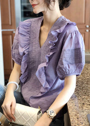 Fashion Purple V Neck Ruffled Patchwork Cotton Tops Lantern Sleeve