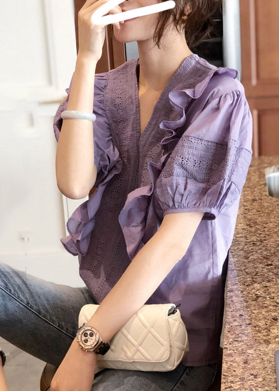 Fashion Purple V Neck Ruffled Patchwork Cotton Tops Lantern Sleeve