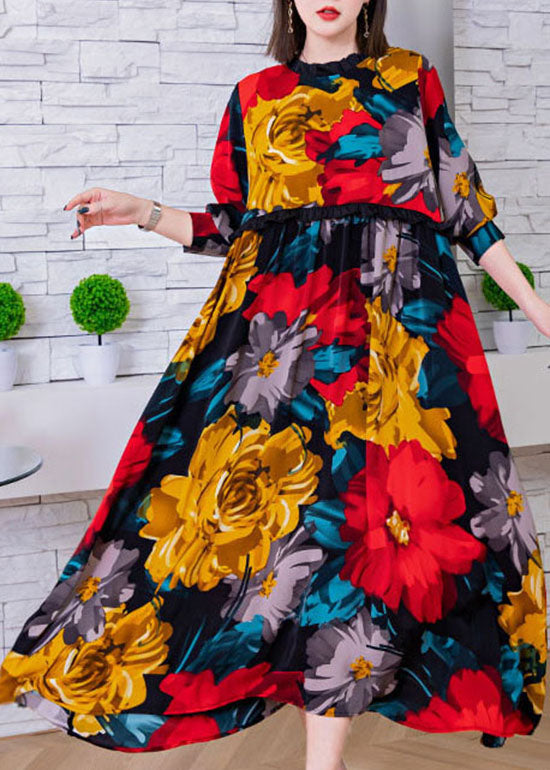 Fashion Red O-Neck Cinched Floral print Silk beach Dresses Spring