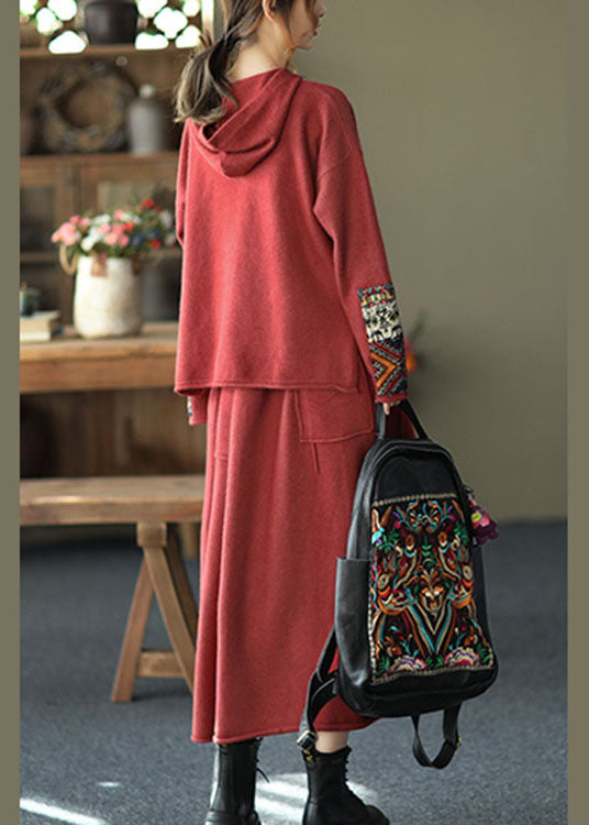 Fashion Red Oriental hooded Knit Fall Two Pieces Set