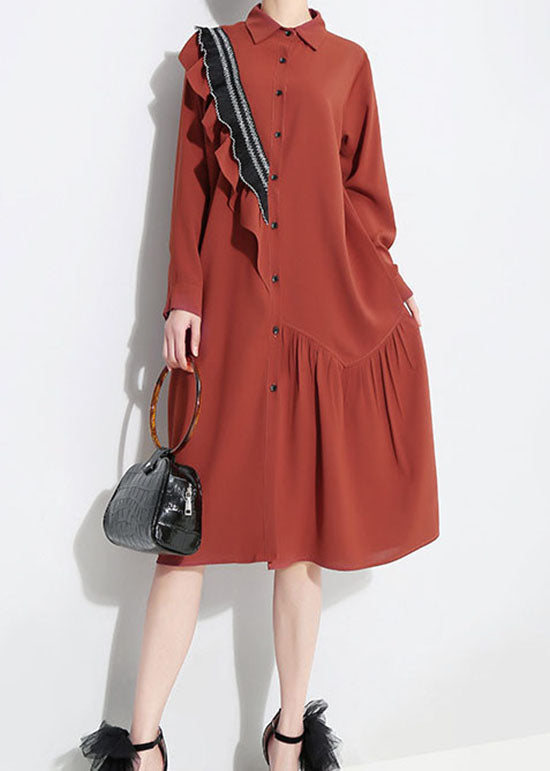 Fashion Red Peter Pan Collar Asymmetrical Ruffled shirt Dress Spring