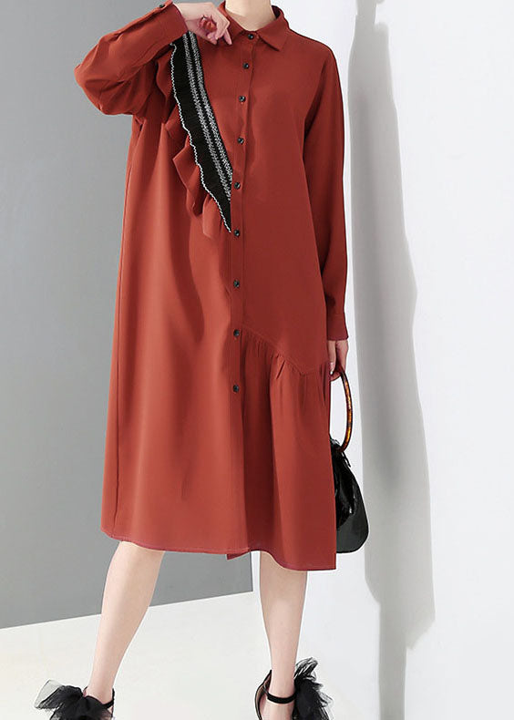 Fashion Red Peter Pan Collar Asymmetrical Ruffled shirt Dress Spring