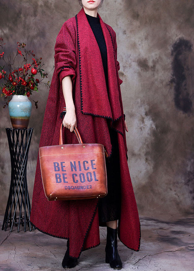 Fashion Red Peter Pan Collar asymmetrical design pockets Cashmere coats Spring