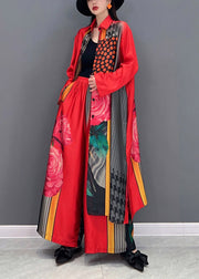 Fashion Red Peter Pan Collar side open Print Chiffon Long Shirt And wide leg pants Two Piece Long Sleeve