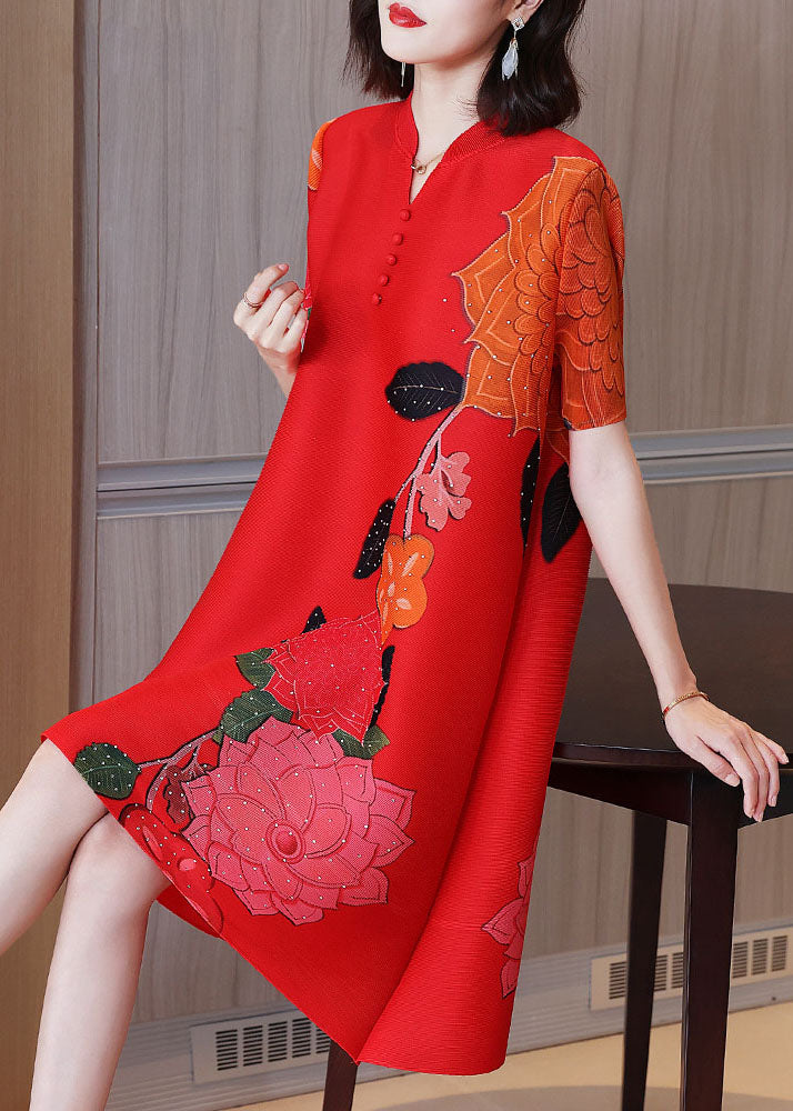 Fashion Red Stand Collar Button Floral Print Wrinkled Silk A Line Dress Short Sleeve