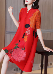 Fashion Red Stand Collar Button Floral Print Wrinkled Silk A Line Dress Short Sleeve