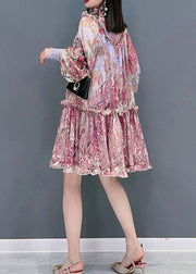 Fashion Red Stand Collar Ruffled Print Chiffon Dress Long Sleeve