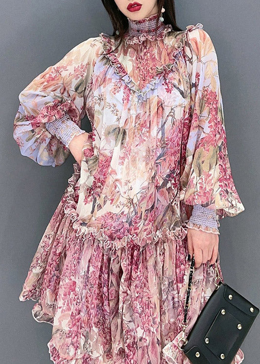 Fashion Red Stand Collar Ruffled Print Chiffon Dress Long Sleeve