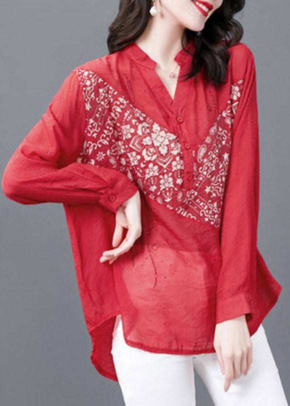 Fashion Red V Neck Print Button Diamonds Chiffon Tops Long sleeve