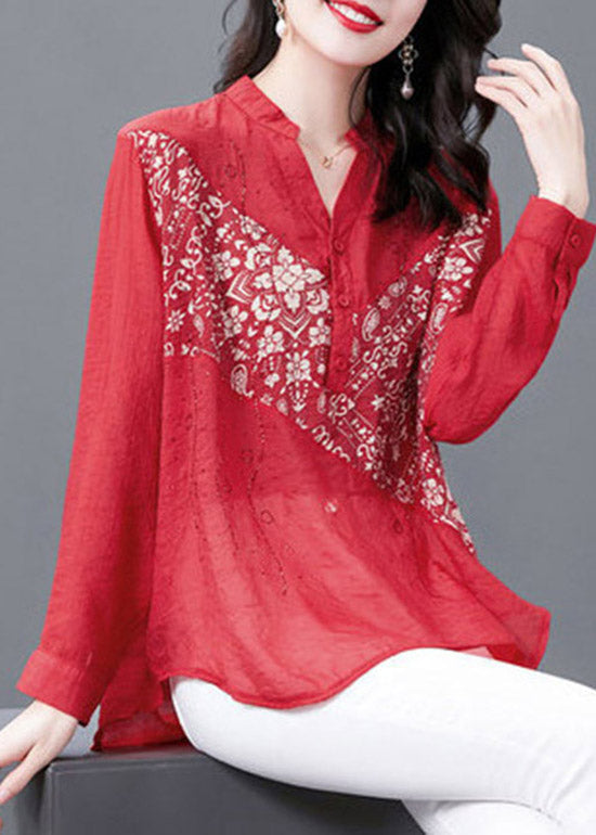 Mode roter V-Ausschnitt Druckknopf Diamanten Chiffon Tops lange Ärmel