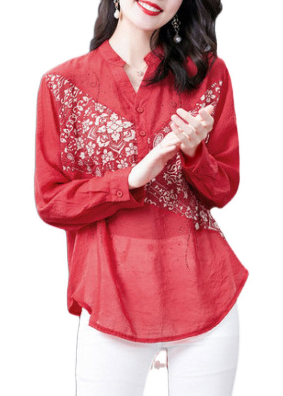 Fashion Red V Neck Print Button Diamonds Chiffon Tops Long sleeve