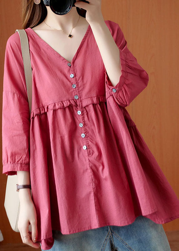 Fashion Rose V Neck Button asymmetrical design Ruffled Fall Shirt Half Sleeve