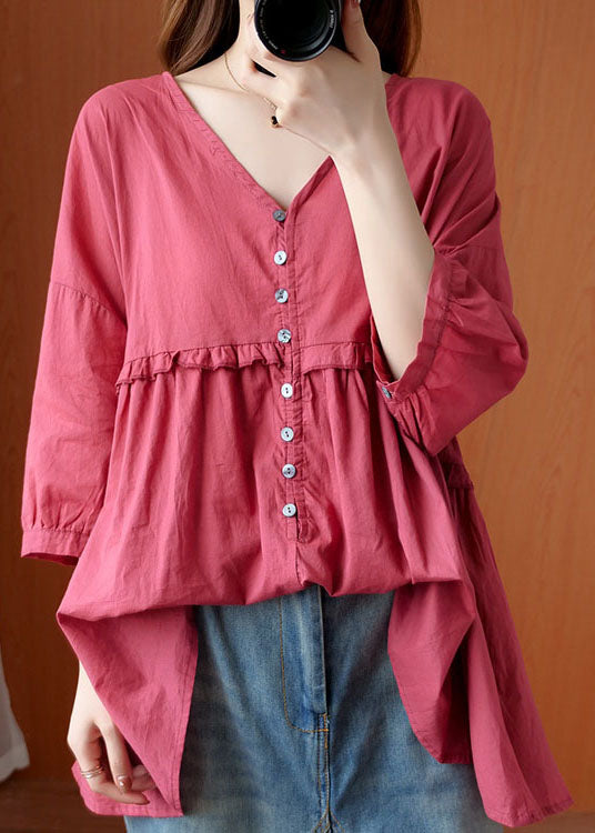 Fashion Rose V Neck Button asymmetrical design Ruffled Fall Shirt Half Sleeve