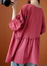 Fashion Rose V Neck Button asymmetrical design Ruffled Fall Shirt Half Sleeve