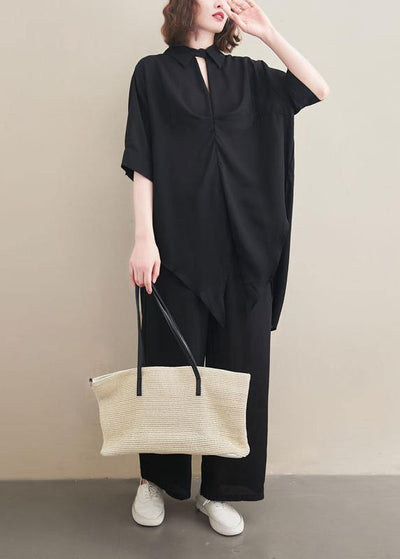 Fashion Suit Spring Loose Black Chiffon Shirt Quarter Wide Leg Pants - SooLinen