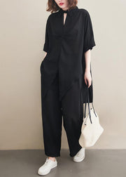 Fashion Suit Spring Loose Black Chiffon Shirt Quarter Wide Leg Pants - SooLinen