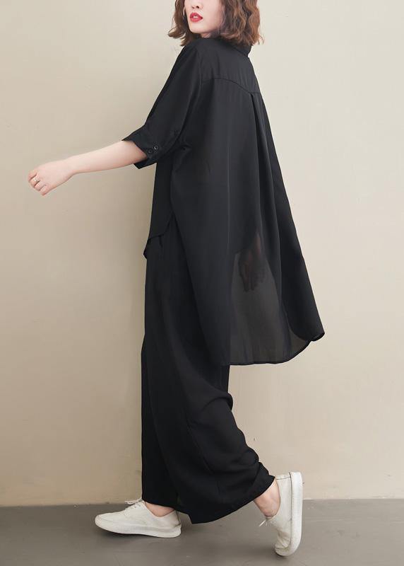 Fashion Suit Spring Loose Black Chiffon Shirt Quarter Wide Leg Pants - SooLinen