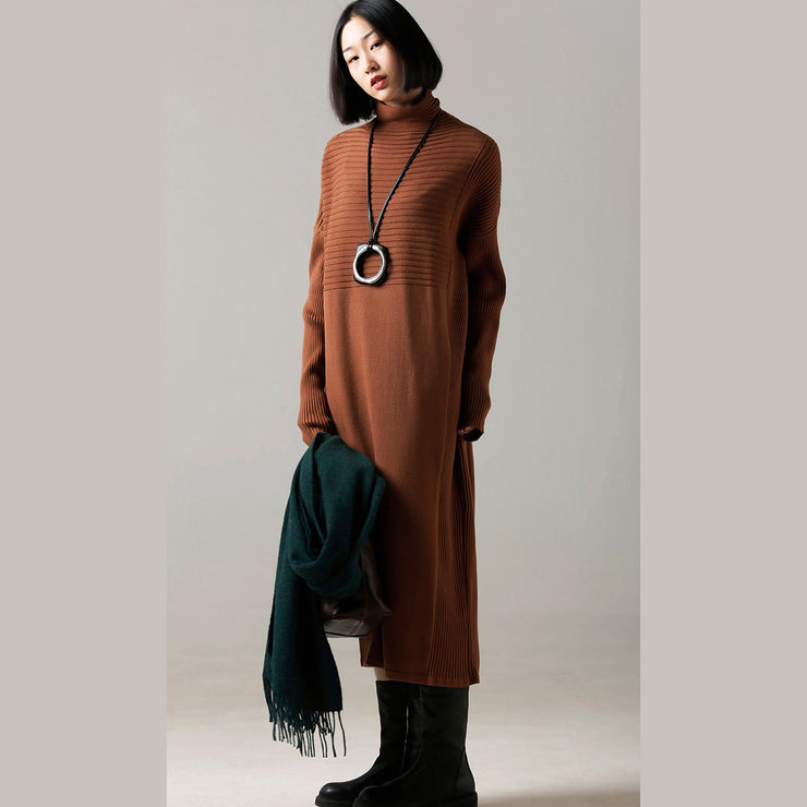 Fashion Sweater dress outfit Classy high neck Cinched brown Mujer knit dress