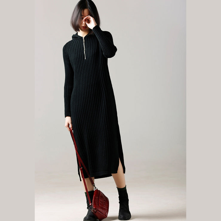 Fashion Sweater weather Women hooded side open brown Largo knitted dress