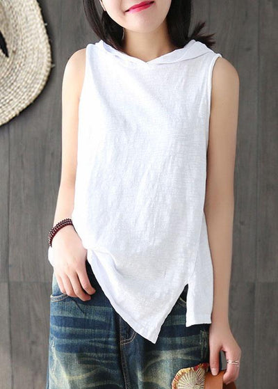 Fashion White Hooded Asymmetrical Design Summer Cotton Top Sleeveless - SooLinen