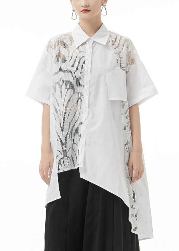 Fashion White Peter Pan Collar Lace Patchwork Shirt Tops Short Sleeve