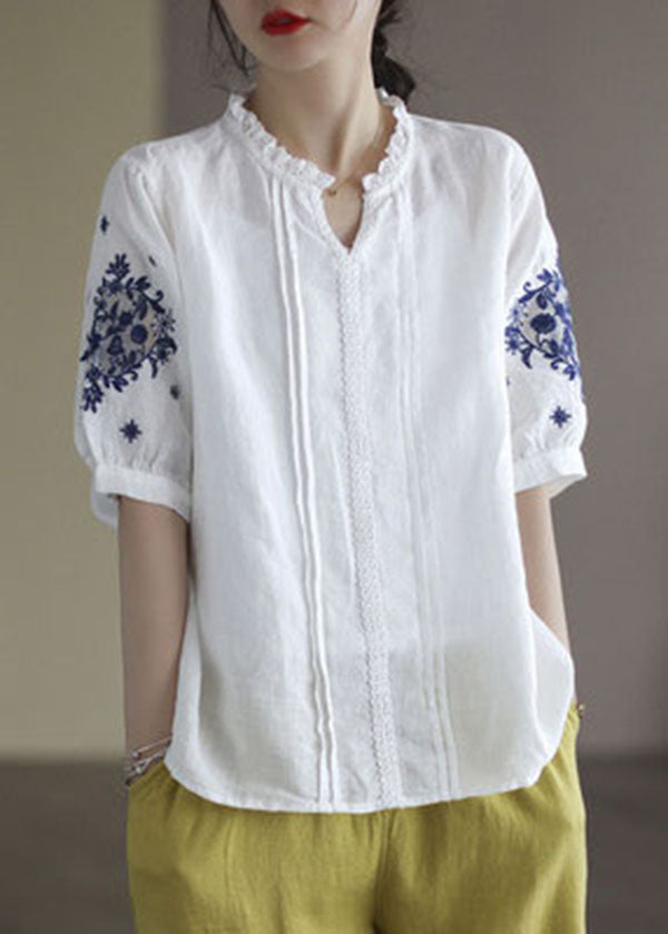 Fashion White V Neck Lace Patchwork Linen Shirt Top Short Sleeve