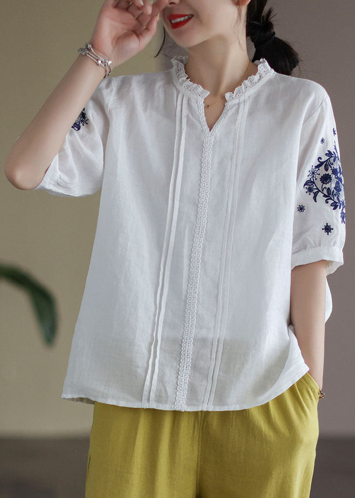 Fashion White V Neck Lace Patchwork Linen Shirt Top Short Sleeve