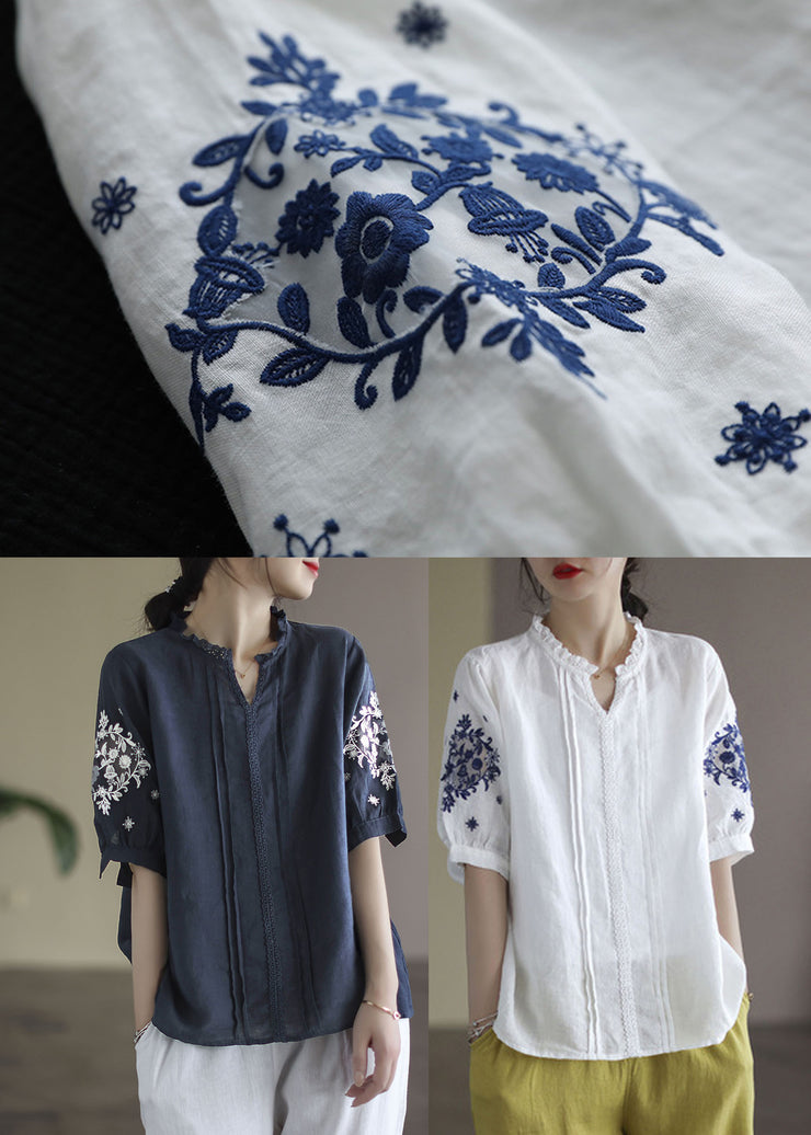 Fashion White V Neck Lace Patchwork Linen Shirt Top Short Sleeve