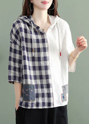 Fashion White hooded Plaid Patchwork Fall Half Sleeve Shirt Top