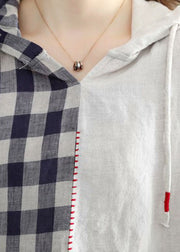 Fashion White hooded Plaid Patchwork Fall Half Sleeve Shirt Top