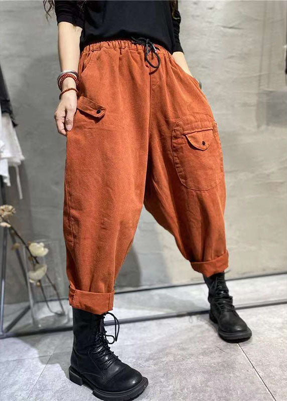 Fashion Yellow Casual Elastic Waist Pockets Tie Waist Fall Pants