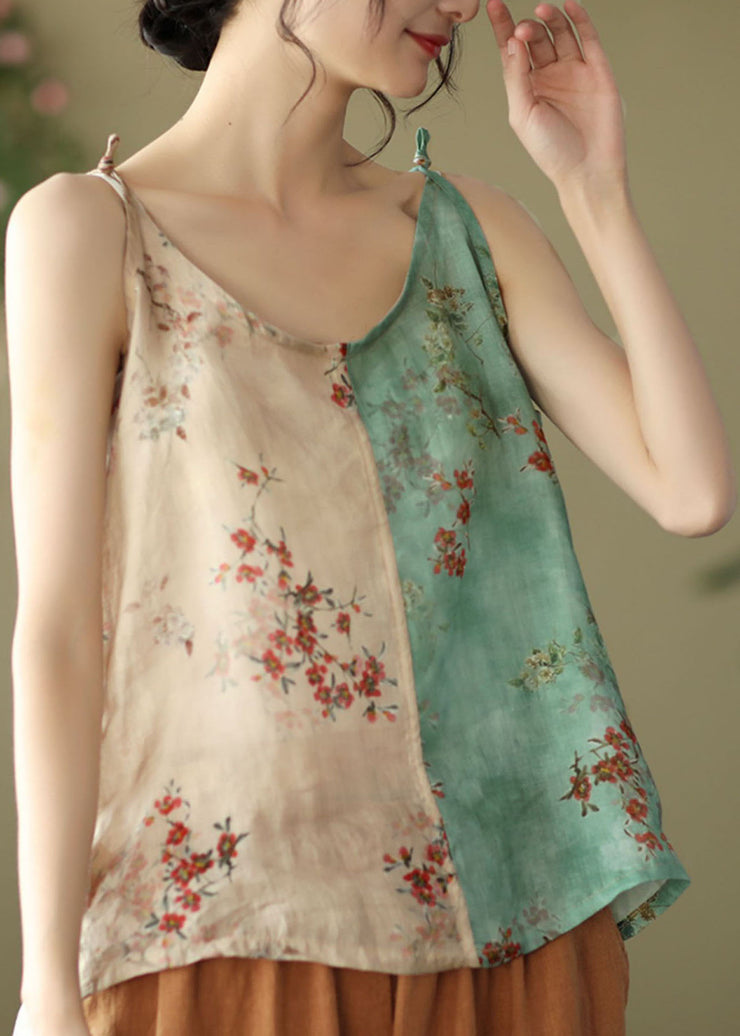 Fashion Yellow Green Print Linen Spaghetti Strap Top Summer