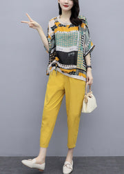 Fashion Yellow O-Neck Print Top und Hose Zweiteiler Sommer