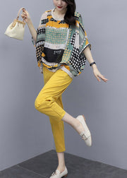 Fashion Yellow O-Neck Print Top And Pants Two Pieces Set Summer