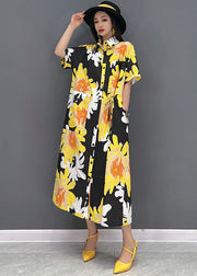 Fashion Yellow Peter Pan Collar Daisy Print Chiffon Holiday Dress Short Sleeve