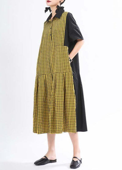 Fashion Yellow Plaid Button Summer Cotton Dress - SooLinen