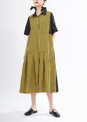 Fashion Yellow Plaid Button Summer Cotton Dress - SooLinen