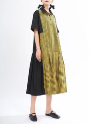 Fashion Yellow Plaid Button Summer Cotton Dress - SooLinen