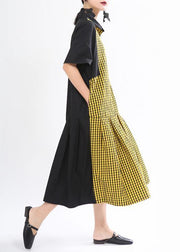 Fashion Yellow Plaid Button Summer Cotton Dress - SooLinen