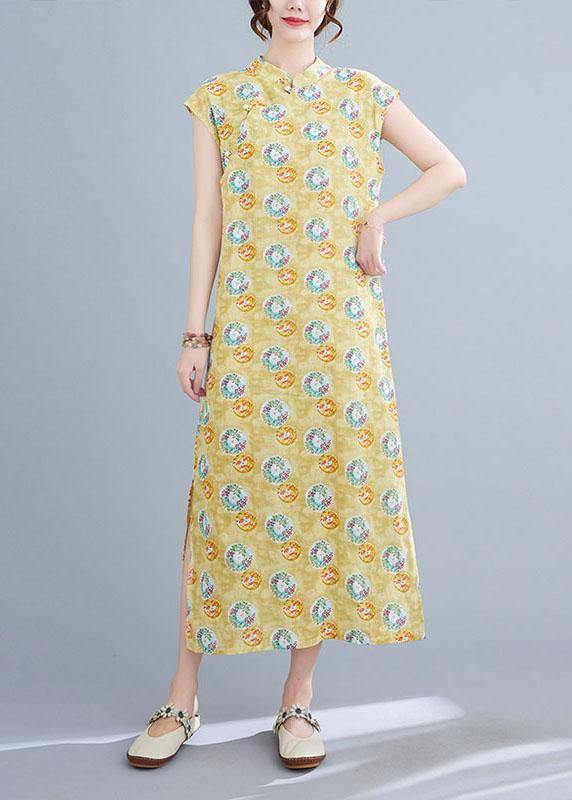 Fashion Yellow Print Cotton Dress Oriental Summer Vacation Dresses - SooLinen