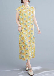 Fashion Yellow Print Cotton Dress Oriental Summer Vacation Dresses - SooLinen